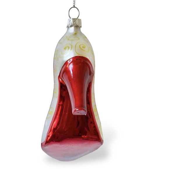Blown Glass Stilleto High Heeled Shoe Ornament, Hand Painted Red Silver & Gold - Picture 4 of 9